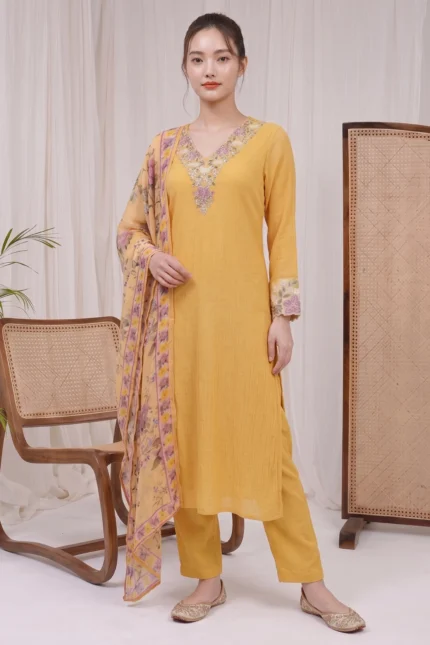 A woman modeling the Marigold Kurti, a bright yellow straight-cut suit paired with matching trousers. The kurti features intricate pink and silver floral embroidery along the V-neckline and sheer sleeve cuffs. She is wearing a matching sheer yellow dupatta with pink floral prints draped over her right shoulder.
