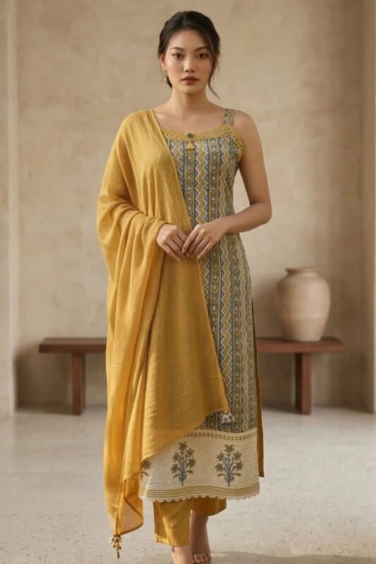 Naga Woman wearing a sleeveless kurta with geometric and floral designs in blue, white, and mustard yellow, styled with mustard yellow pants and a matching dupatta, standing indoors against a minimalistic background with a bench and ceramic pot.