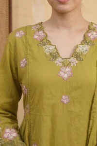 Close-up of the Sage Bloom Kurta Set featuring a scalloped V-neckline with intricate pink and white floral threadwork embroidery, scattered floral motifs on the body and pearl bead accents on olive green cotton fabric