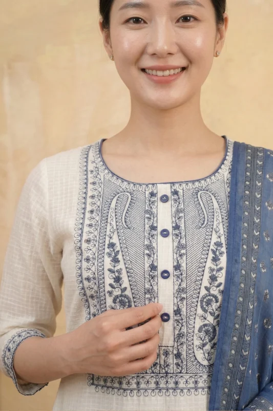 Close-up of the White Indigo Kurta Set featuring a round neckline with an elaborate navy blue embroidered yoke panel with paisley, vine and floral threadwork, navy button placket and a blue printed dupatta draped alongside