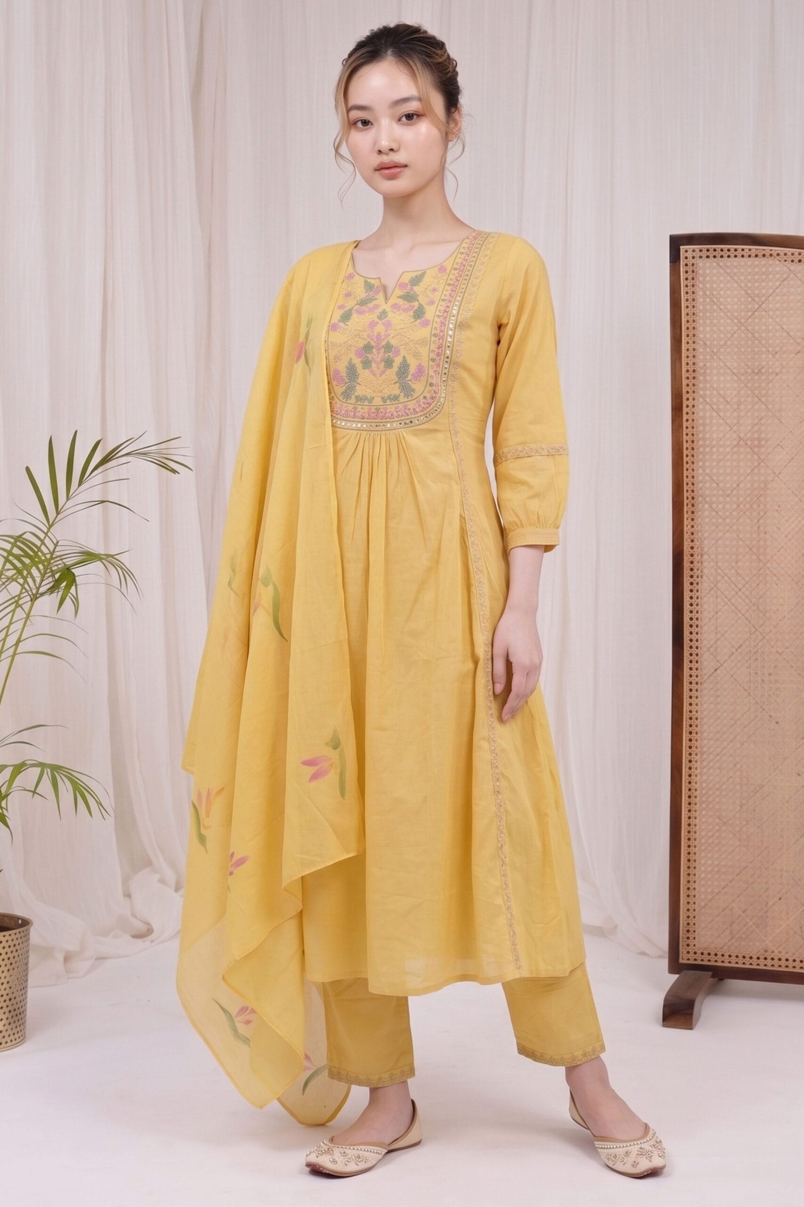 Yellow-Garden-Kurta-Set-–-Full-Look-with-Hand-Painted-Dupatta-and-Pants A woman wearing the Yellow Garden Kurta Set comprising a yellow A-line kurta with floral embroidered yoke and mirror work border, matching straight-leg pants with gold embroidered trim, and a sheer yellow dupatta with hand painted pink and green floral motifs, styled with embroidered juttis