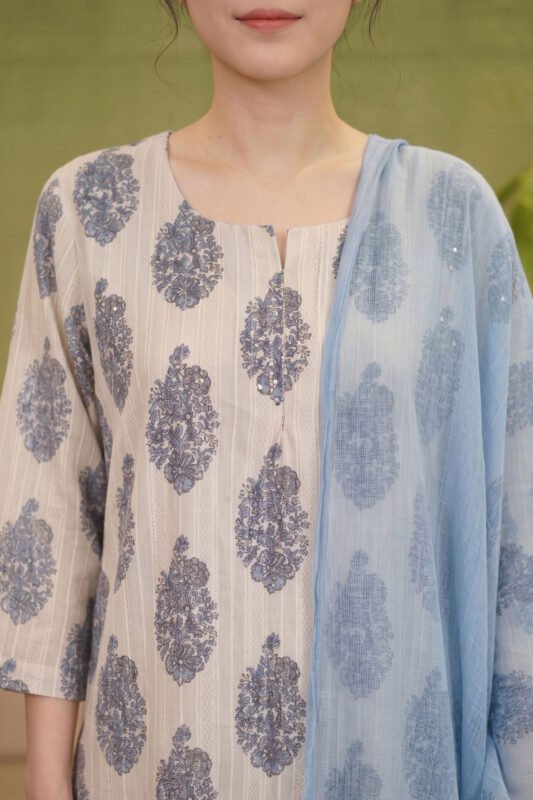 Close-up of the Azure Bloom kurti's round neckline with a small V-slit, highlighting the intricate blue floral block print and subtle sequin embellishments.