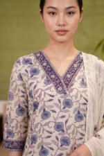Close-up of the Cerulean Print Kurti highlighting the structured V-neckline, adorned with a contrasting dark blue patterned border and subtle mirror work against the natural kora background.