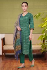 Full-length view of the Forest Flora kurti set, a green botanical print ensemble with matching pants and a contrast beige dupatta.