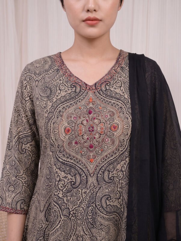 Close-up of the Graphite Mandala Kurti highlighting the structured V-neckline and a striking central mandala motif, detailed with subtle rust and red embellishments against an all-over intricate print.