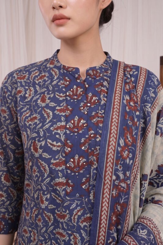 Close-up of the Indigo Petal Kurti highlighting the elegant mandarin collar and the structured front placket, detailed with delicate sequin embellishments that subtly catch the light against the rich floral print.