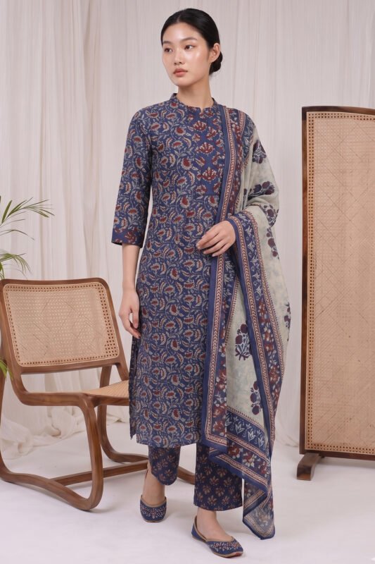 Full-length view of the Indigo Petal Kurti set, featuring a deep blue straight-cut kurta with traditional floral block prints, matching printed trousers, and a beautifully draped contrasting light dupatta.
