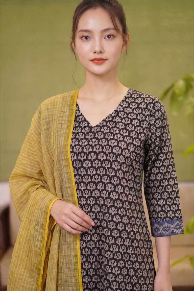 Close-up of the Midnight Buta Suit’s V-neckline highlighting the symmetrical beige floral buta prints on a deep black cotton base.