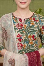 Close-up of the Mughal Garden Suit's notched neckline with maroon contrast stitching and detailed hand-block floral prints in red, green, and gold.