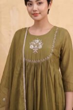 Close-up of the Olive Gathered Kurti highlighting the beautifully embroidered scalloped yoke, a central floral motif with delicate beadwork, and fine gathers on the bodice.