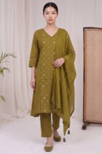 Full-length view of the Olive Pintuck Kurti set, featuring an olive green straight-cut kurta with scattered floral embroidery, matching tailored trousers, and a lightweight dupatta finished with corner tassels.