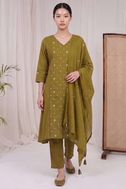 Full-length view of the Olive Pintuck Kurti set, featuring an olive green straight-cut kurta with scattered floral embroidery, matching tailored trousers, and a lightweight dupatta finished with corner tassels.