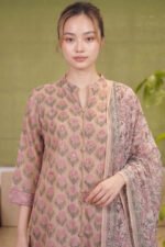 Close-up of the Rose Buta Set’s neckline showing fabric-wrapped buttons and pink floral buta prints accented with delicate sequins and beadwork.