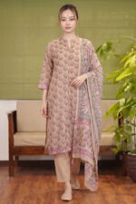Full-length view of the Rose Buta Set featuring a blush pink floral kurta with a mandarin collar, beige tailored trousers, and a printed kota doria dupatta.