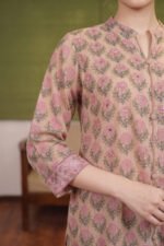 Detailed view of the three-quarter sleeves on the Rose Buta Set, highlighting the premium textured cotton fabric and floral block-printed borders