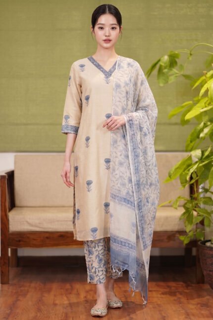 Full-length view of the Slate Print Kurti set in a natural kora beige, featuring muted blue floral motifs, matching printed straight trousers, and a lightweight, elegantly draped dupatta.