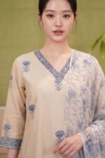 Close-up of the Slate Print Kurti highlighting the beautifully structured V-neckline with a patterned blue border and delicate embellishments against the natural kora background.