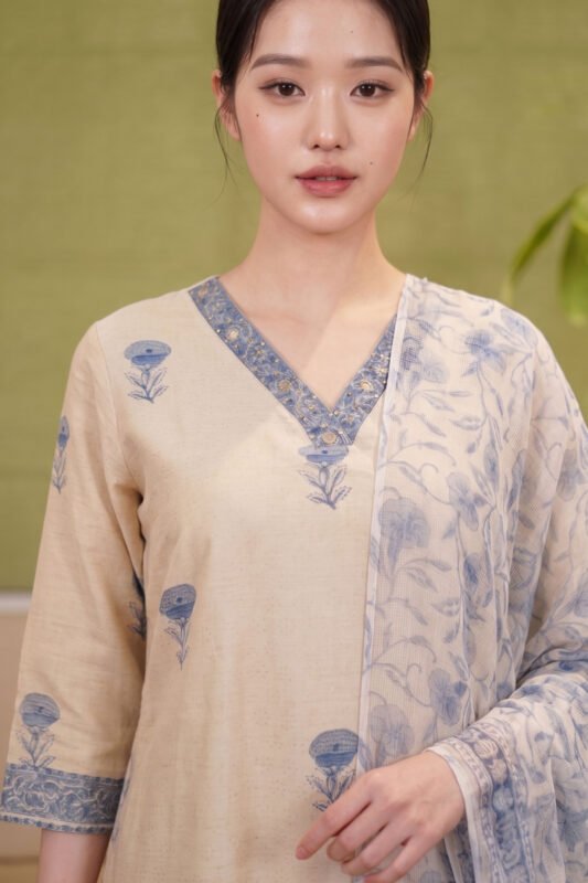 Close-up of the Slate Print Kurti highlighting the beautifully structured V-neckline with a patterned blue border and delicate embellishments against the natural kora background.