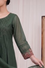 Detailed shot of the Verdant Flora Kurti's sheer sleeve, showcasing intricate floral embroidery and a scalloped hem finish on the cuff.