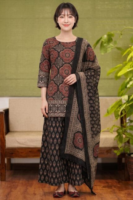 Full-length, front-facing view of a model wearing the complete Midnight Halo Kurti set. The image captures the striking contrast of the red circular prints against the dark base of the kurti, coordinated seamlessly with the distinct botanical pattern on the flared bottom and the wide borders of the matching dupatta.