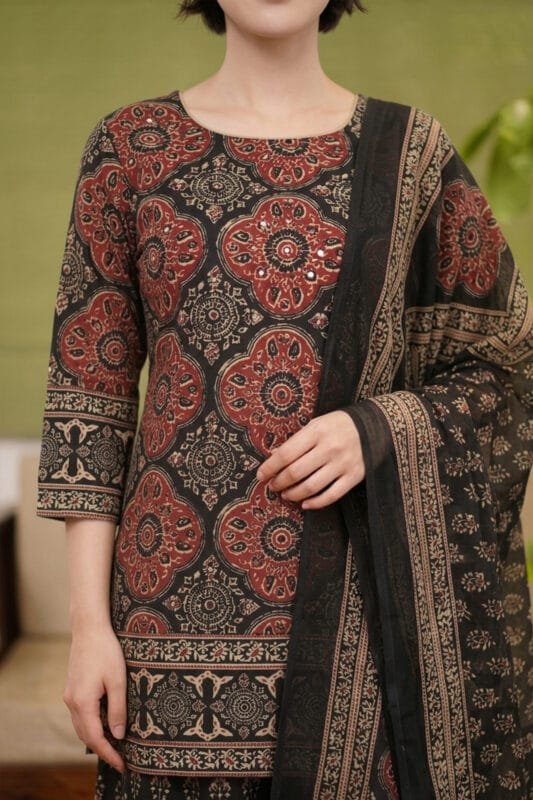 Close-up of the Midnight Halo Kurti showcasing the round neckline and precise yoke alignment. The bodice features bold red medallion block prints accented with delicate circular mirror work, complemented by a 3/4 sleeve with a defined geometric border pattern and a dark, perfectly draped dupatta over the shoulder.