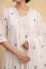 Close-up of the Pearl Gather Kurti focusing on the meticulously constructed V-neckline bordered with wide, intricate scalloped lace. The image perfectly highlights the precise gathers falling beneath the yoke, the scattered Dusty Blue floral embroidery across the bodice, and the scalloped lace edging on the 3/4 sleeve hem, paired with a matching draped dupatta.
