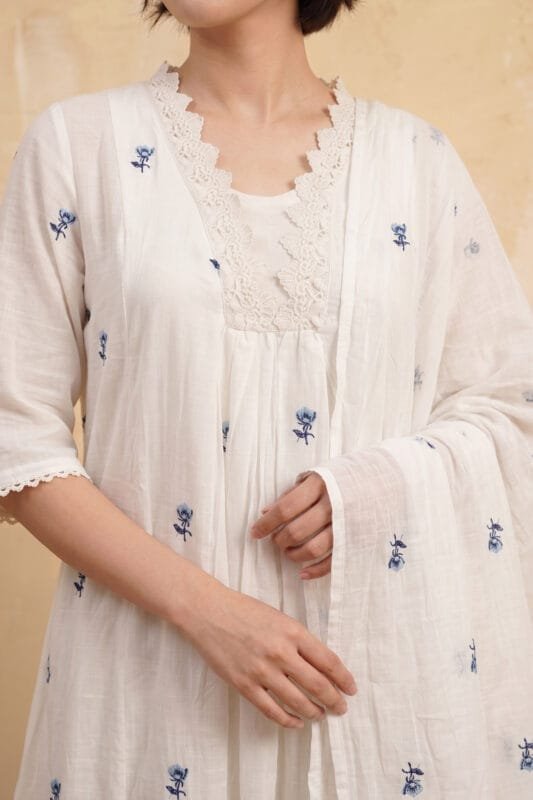 Close-up of the Pearl Gather Kurti focusing on the meticulously constructed V-neckline bordered with wide, intricate scalloped lace. The image perfectly highlights the precise gathers falling beneath the yoke, the scattered Dusty Blue floral embroidery across the bodice, and the scalloped lace edging on the 3/4 sleeve hem, paired with a matching draped dupatta.