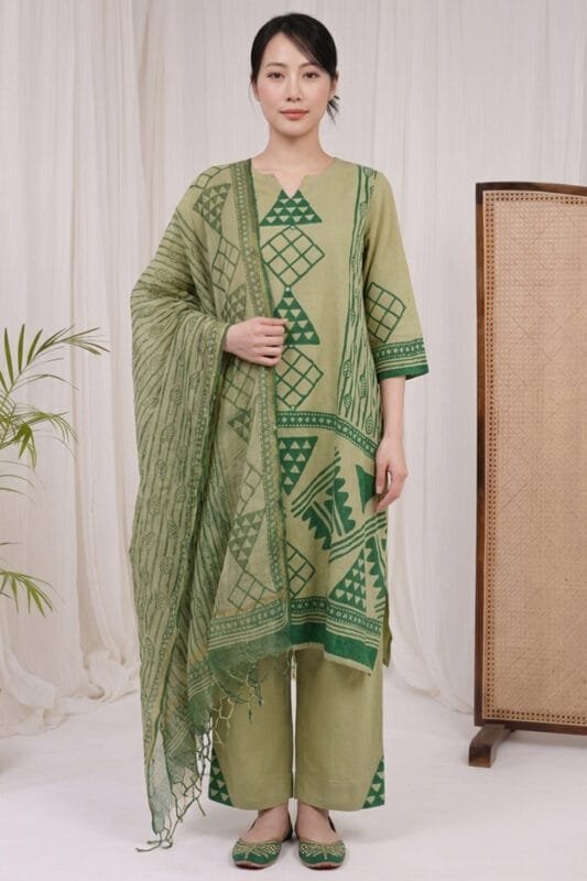 Full-length front view of a model wearing the Sage Geo Kurti set, featuring a straight-cut silhouette and matching straight trousers with prominent triangular border prints at the hem. The draped dupatta displays repeating geometric and botanical motifs, set against a minimal studio background with soft beige curtains, a cane-weaved wooden divider, and a subtle indoor plant.