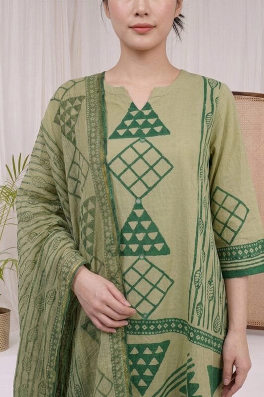 Close-up of the Sage Geo Kurti showcasing the precise V-notch neckline and perfectly aligned yoke pattern. The bodice features a bold geometric grid and triangle print accented with delicate circular mirror details, complemented by 3/4 sleeves with a defined geometric border and a draped dupatta over the shoulder.