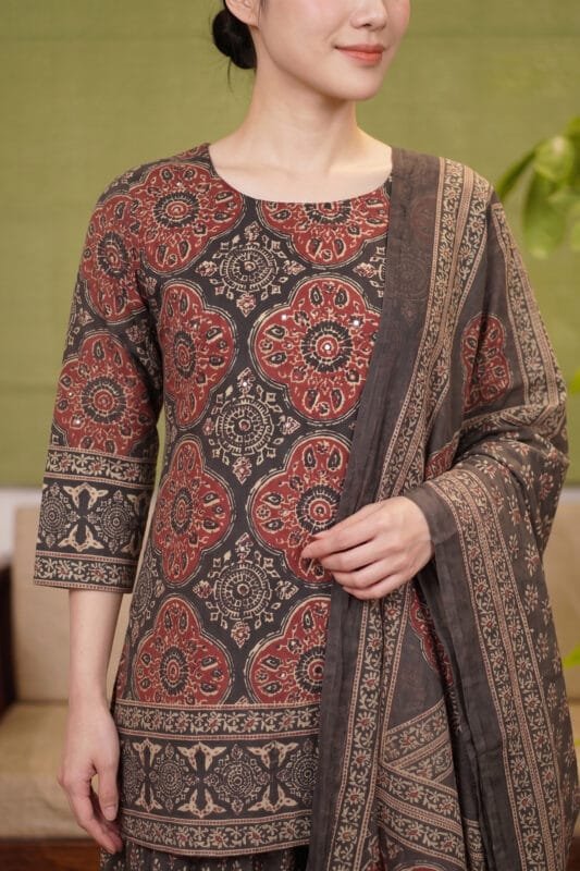 Close-up of the Sepia Halo Kurti showcasing the round neckline and precise yoke alignment. The sepia-toned bodice highlights bold red medallion block prints accented with delicate circular mirror work, complemented by a 3/4 sleeve with a defined geometric border pattern and a perfectly draped dupatta over the shoulder.