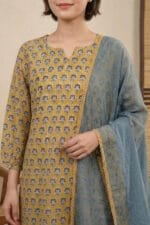 Close-up of the Ziya Notch Kurti focusing on the meticulously tailored V-notch neckline and accurate yoke pattern alignment. The shot captures the crisp definition of the Dusty Blue block print alongside the intricate golden lace edge of the coordinating Dusty Blue dupatta.