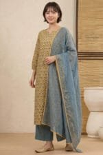 Full-length, front-angled view of the Ziya Notch Kurti set. The image captures the mustard-toned kurti featuring a repeating Dusty Blue botanical print, coordinated Dusty Blue pants, and a draped dupatta, presented in a premium minimal studio setting.