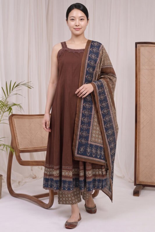 A full-length view of a woman wearing a brown sleeveless Ajrakh Kurti featuring vertical pleats, paired with a patterned dupatta and matching printed trousers in a minimal studio setting.