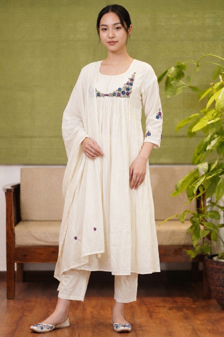A full-length view of a woman wearing the ivory Bloom Kurti featuring dusty blue and lavender floral embroidery, paired with matching trousers and a dupatta. Posed in a minimal studio environment featuring a wooden bench and a subtle indoor plant setup.
