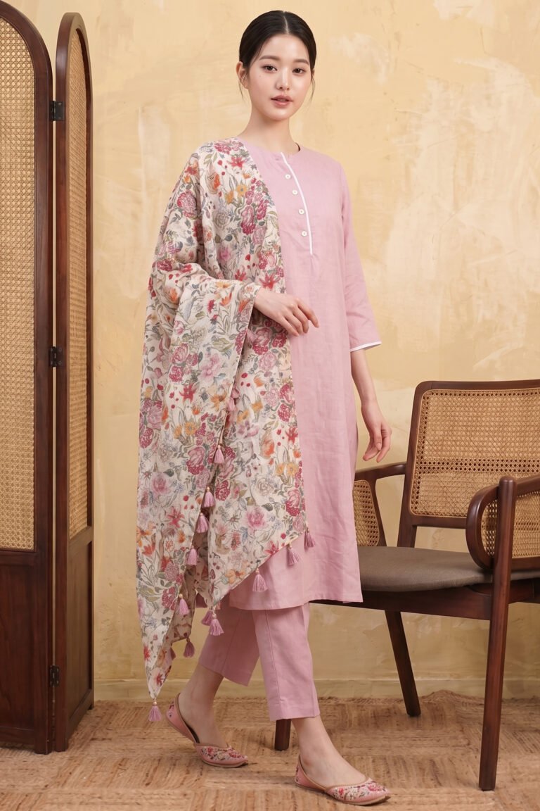 A woman posing in a full-length dusty pink Loom Kurti featuring a contrast white piped placket, matching trousers, and a vibrant floral printed dupatta in a minimal studio setting.