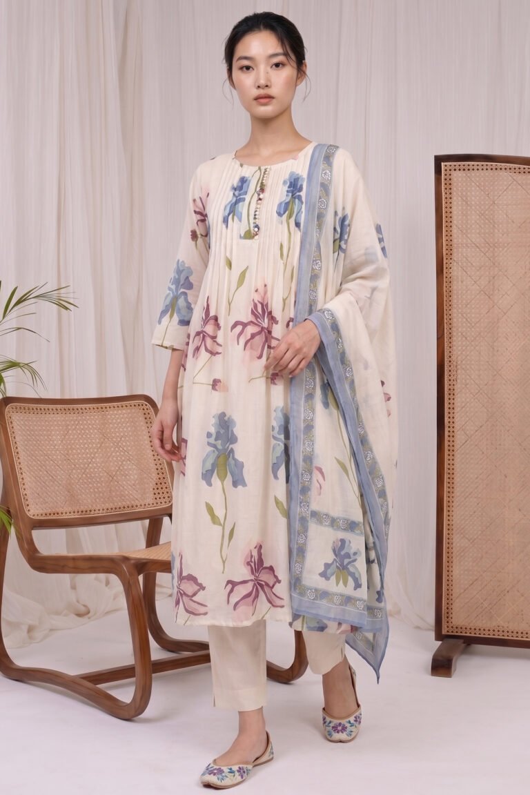 A woman posing in a cream-colored Pintuck Iris Kurti featuring lavender and dusty blue floral prints, paired with matching trousers and a blue dupatta in a minimal studio setting.