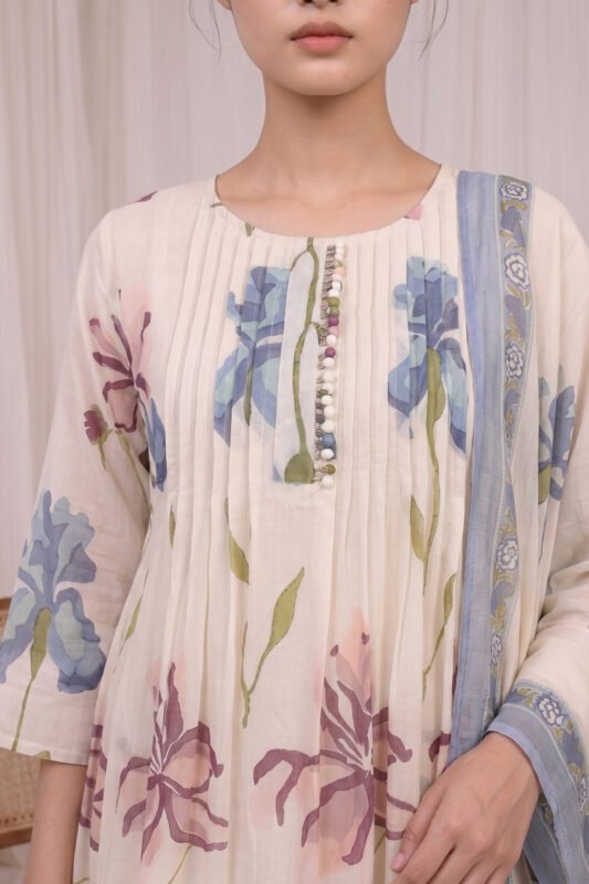 Close-up of the Pintuck Iris Kurti yoke showing technical pintuck details, a decorative beaded placket, and intricate iris floral prints.
