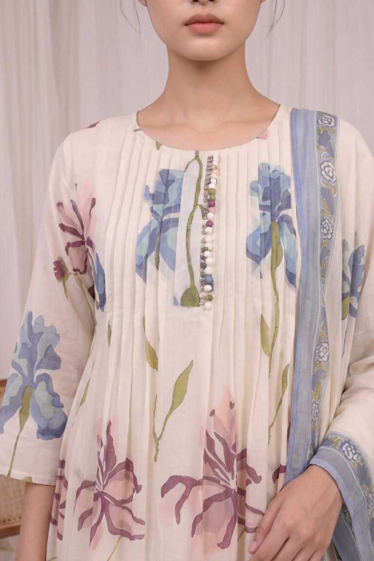 Close-up of the Pintuck Iris Kurti yoke showing technical pintuck details, a decorative beaded placket, and intricate iris floral prints.