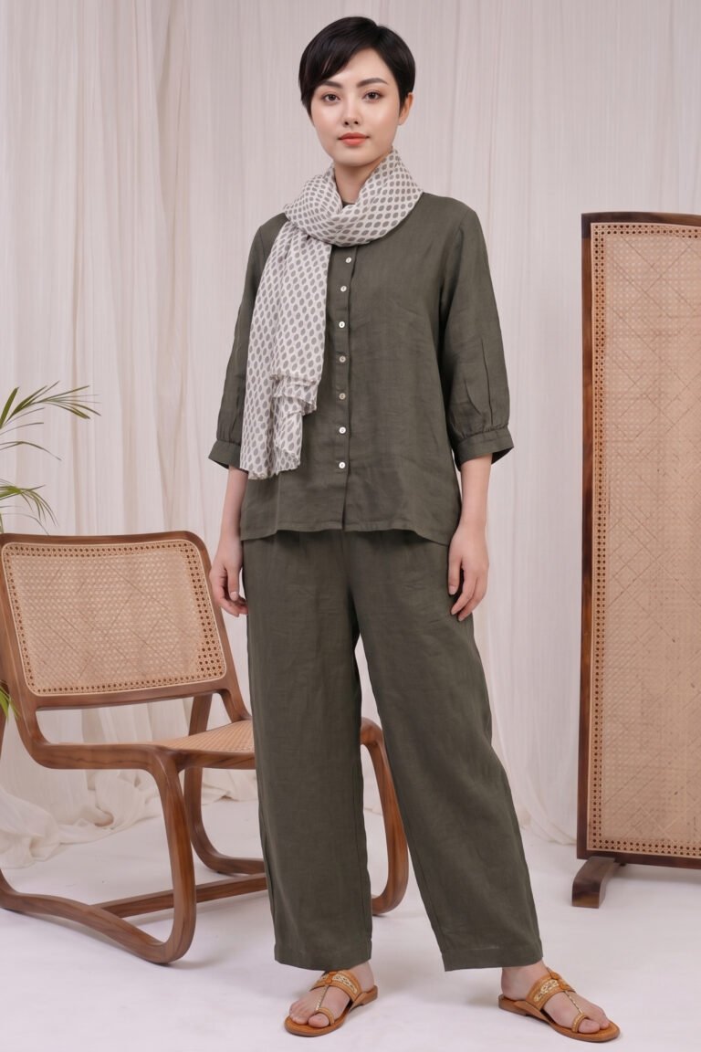 A woman wearing the Sage Coord in olive green, featuring a button-down shirt with a collar, matching wide-leg trousers, and a patterned scarf in a minimal studio.