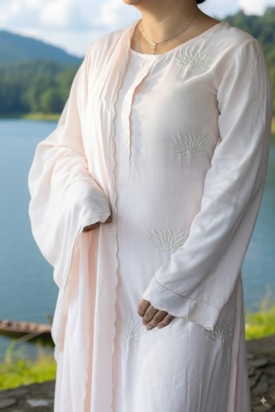A woman wearing a pastel pink embroidered kurti with dupatta, standing near the serene Umiam Lake in Meghalaya, showcasing graceful ethnic wear.