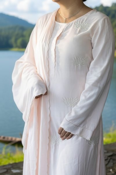 A woman wearing a pastel pink embroidered kurti with dupatta, standing near the serene Umiam Lake in Meghalaya, showcasing graceful ethnic wear.