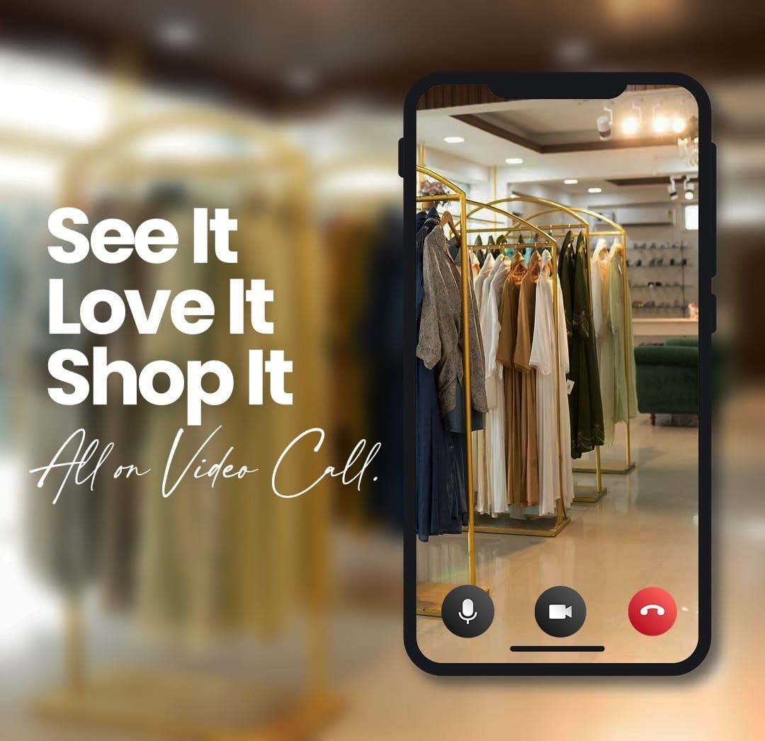 A mobile phone screen displaying the interior of an ethnic wear boutique, featuring the text "See It, Love It, Shop It All on Video Call" for a virtual shopping experience.